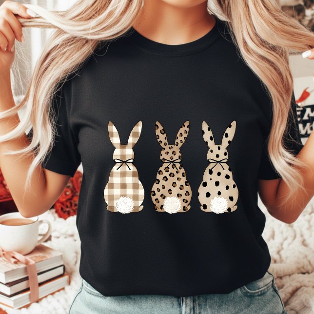 Modern Neutral Easter Bunny Leopard Print Gingham T-Shirt (Creator Uploaded)
