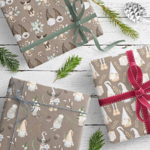 Modern Neutral Gnome Pattern Brown Kraft Wrapping Paper Sheet