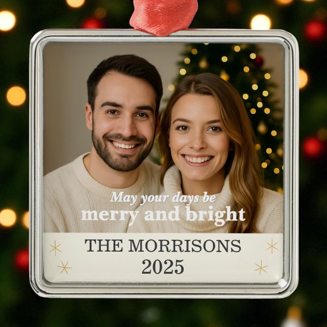 Modern Neutral & Gold Family Photo Snowflake  Metal Ornament (Creator Uploaded)