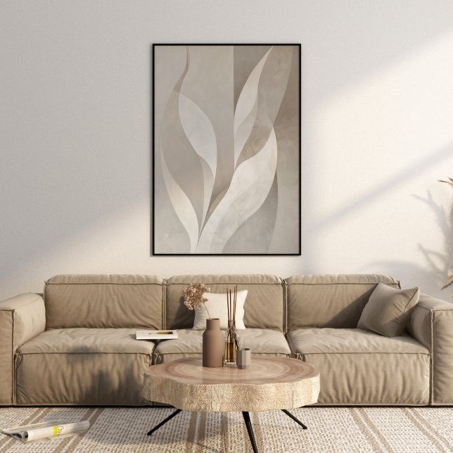 Modern Neutral Leaves Aesthetic Wall Art (Modern Neutral Leaves Aesthetic Wall Art in a beautiful beige neutral boho luxe living room.)