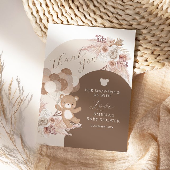 Modern Neutral Teddy Bear Baby Shower Balloons Thank You Card (Creator Uploaded)