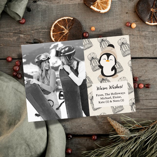 Modern Neutral Warm Wishes Penguin Photo Holiday Card (Send cozy vibes and "Warm Wishes" with this holiday card featuring a penguin illustration.)