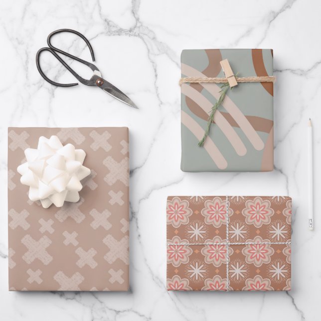 Modern Neutrals Pattern Set – Abstract & Floral Wrapping Paper Sheet (Front)