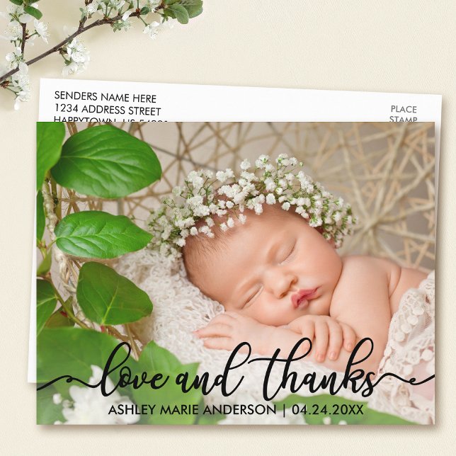 Modern New Baby Love and Thanks Photo Announcement Postcard (Customize to change your personalized text size or text style.)