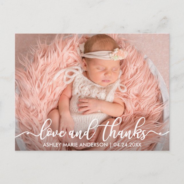 Modern New Baby Love and Thanks Photo Wht Announcement Postcard (Front)