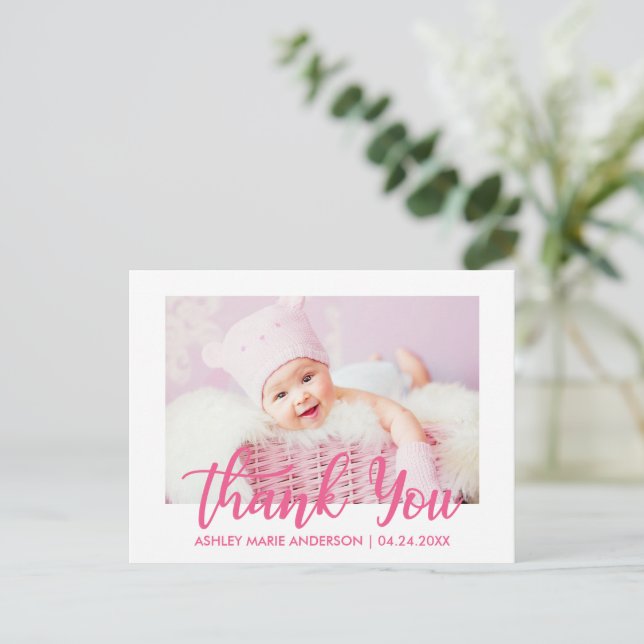 Modern New Baby Thank You Hot Pink Postcard (Standing Front)