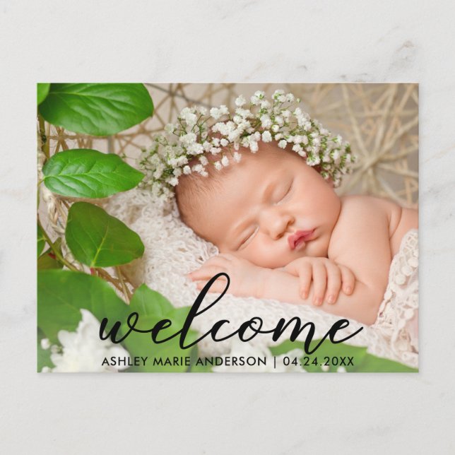 Modern New Baby Welcome Photo Announcement Postcard (Front)