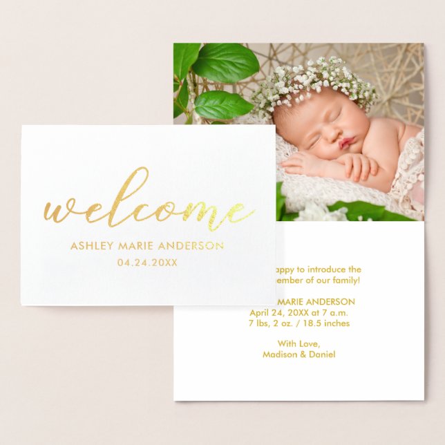 Modern New Baby Welcome Photo Gold Foil Card (Display)