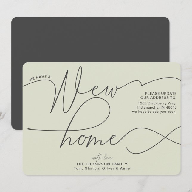 Modern New Home Calligraphy Pale Green Moving Announcement (Front/Back)