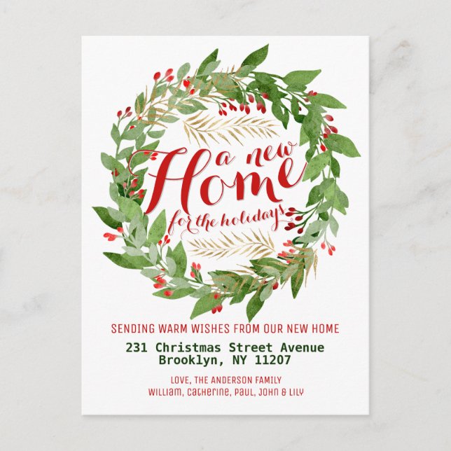Modern New Home Holidays Christmas Wreath Moving Announcement Postcard (Front)