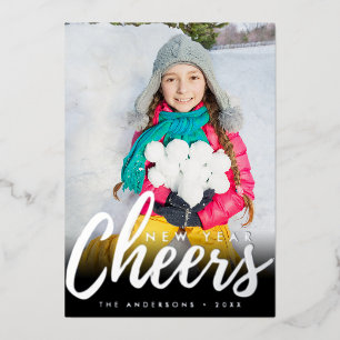 Modern New Year Cheer Minimalist Script Photo Foil Holiday Card
