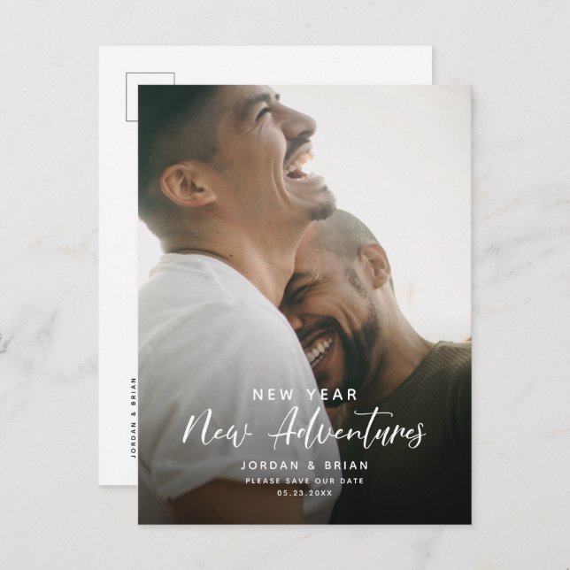 Modern New Year Engagement | Adventures Script Fun Announcement Postcard (Front/Back)