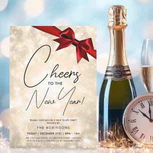 MODERN New Years Eve Gold Champagne Bokeh Red Bow Invitation