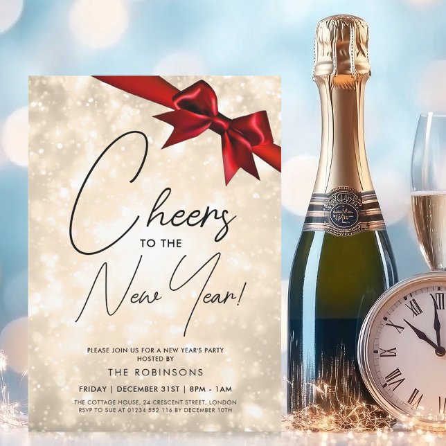 MODERN New Years Eve Gold Champagne Bokeh Red Bow Invitation (MODERN New Years Eve Gold Champagne Bokeh Red Bow Invitation)
