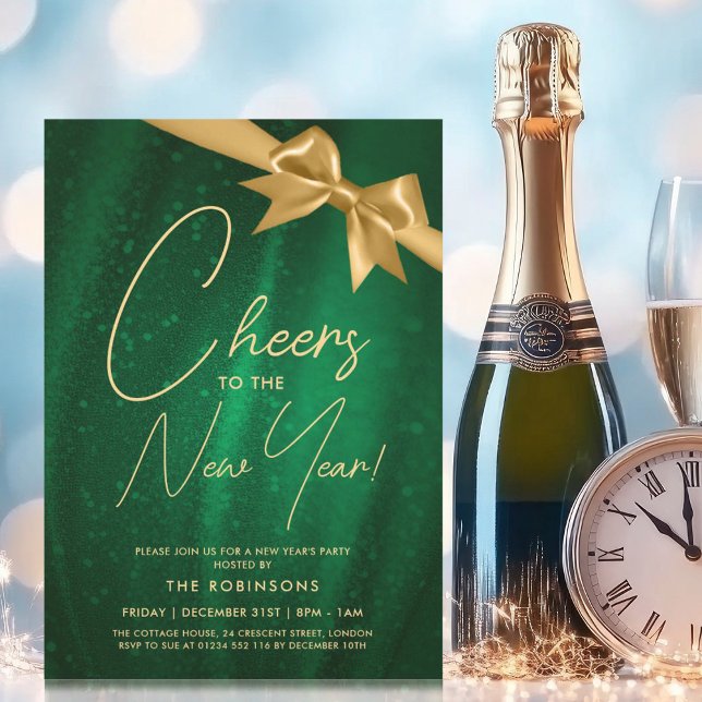 MODERN New Years Eve Gold Green Sparkle Sequin Bow Invitation (MODERN New Years Eve Gold Green Sparkle Sequin Bow Invitation)