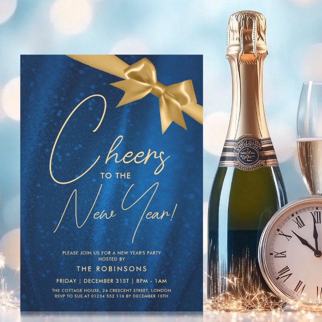 MODERN New Years Eve Gold Navy Sparkle Sequin Bow Invitation (MODERN New Years Eve Gold Navy Sparkle Sequin Bow Invitation)