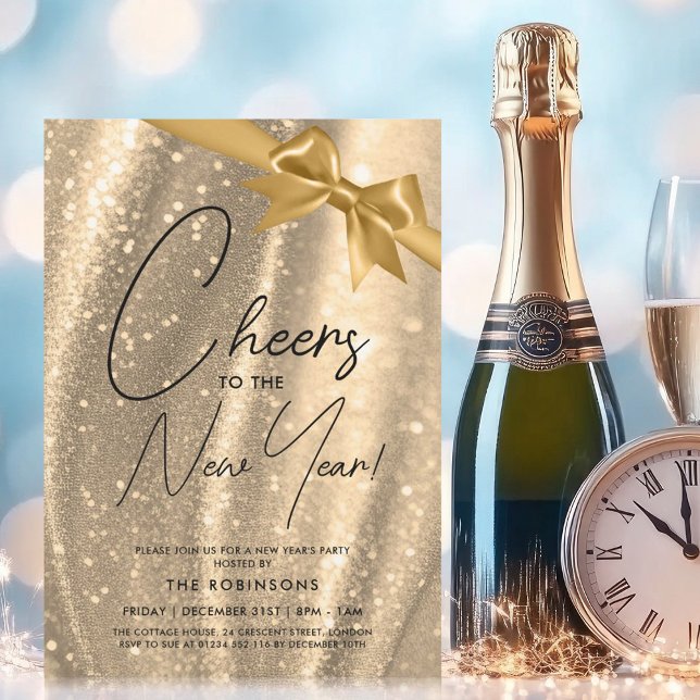 MODERN New Years Eve Gold Sparkle Sequin Bow Invitation (MODERN New Years Eve Gold Sparkle Sequin Bow Invitation)