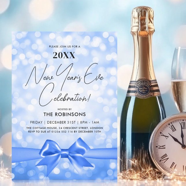 MODERN New Years Eve Party Blue Bokeh Bow Invitation (MODERN New Years Eve Party Blue Bokeh Bow Invitation)