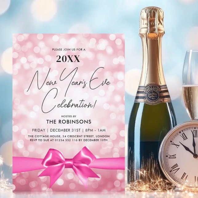 MODERN New Years Eve Party Blush Pink Bokeh Bow Invitation (MODERN New Years Eve Party Blush Pink Bokeh Bow Invitation)