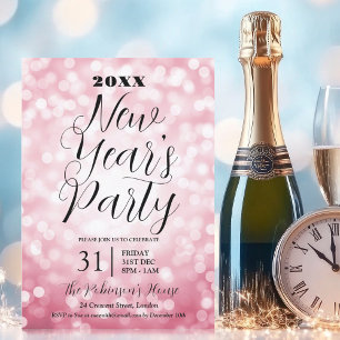 MODERN New Years Eve Party Blush Pink Bokeh Lights Invitation