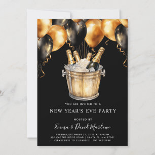 Modern New Year's Eve Party Gold Black Balloons Invitation