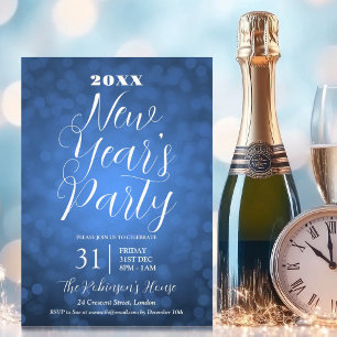 MODERN New Years Eve Party Navy Blue Bokeh Lights Invitation