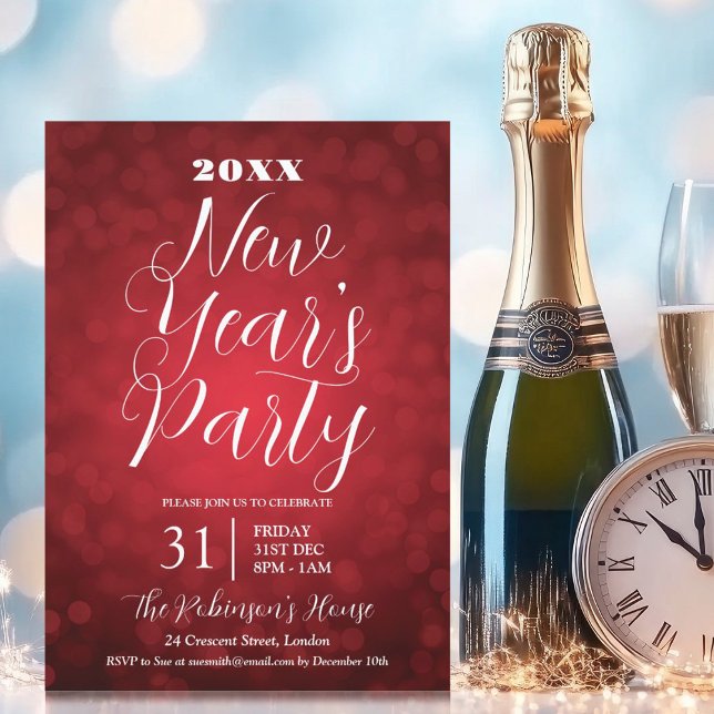 MODERN New Years Eve Party Red Bokeh Lights Invitation (MODERN New Years Eve Party Red Bokeh Lights Invitation)