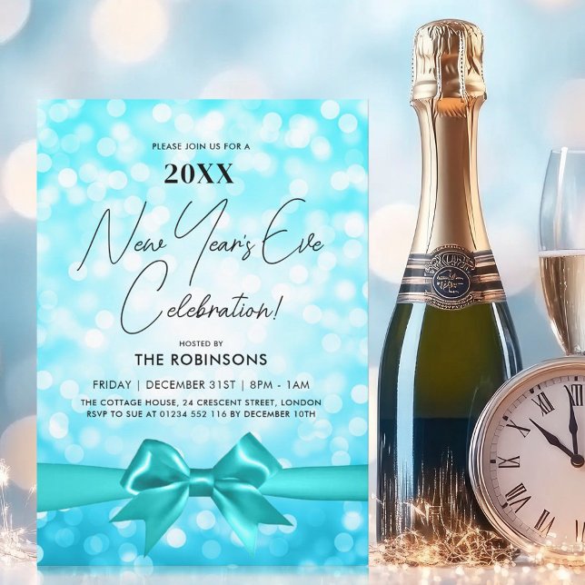 MODERN New Years Eve Party Turquoise Bokeh Bow Invitation (MODERN New Years Eve Party Turquoise Bokeh Bow Invitation)