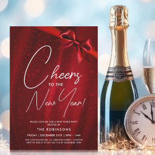 MODERN New Years Eve Red Sparkle Sequin Bow Invitation