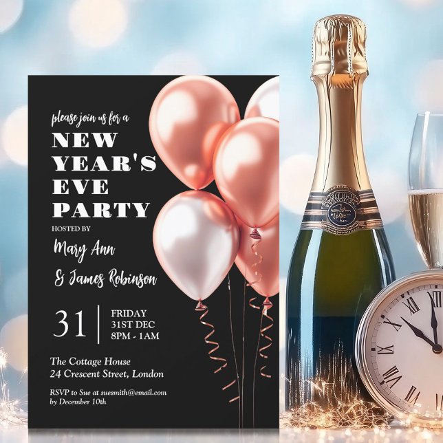 MODERN New Years Eve Rose Gold Balloons Black Invitation (MODERN New Years Eve Rose Gold Balloons Black Invitation)