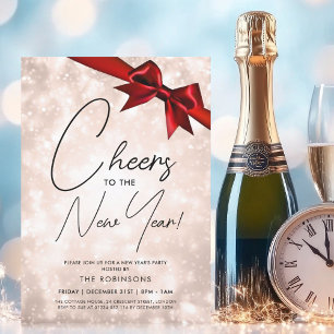 MODERN New Years Eve Rose Gold Champagne Bokeh Bow Invitation