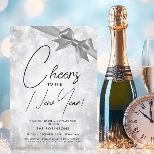 MODERN New Years Eve Silver Champagne Bokeh Bow Invitation