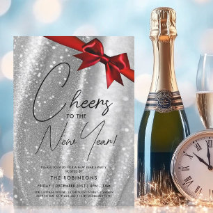 MODERN New Years Eve Silver Sparkle Sequin Red Bow Invitation