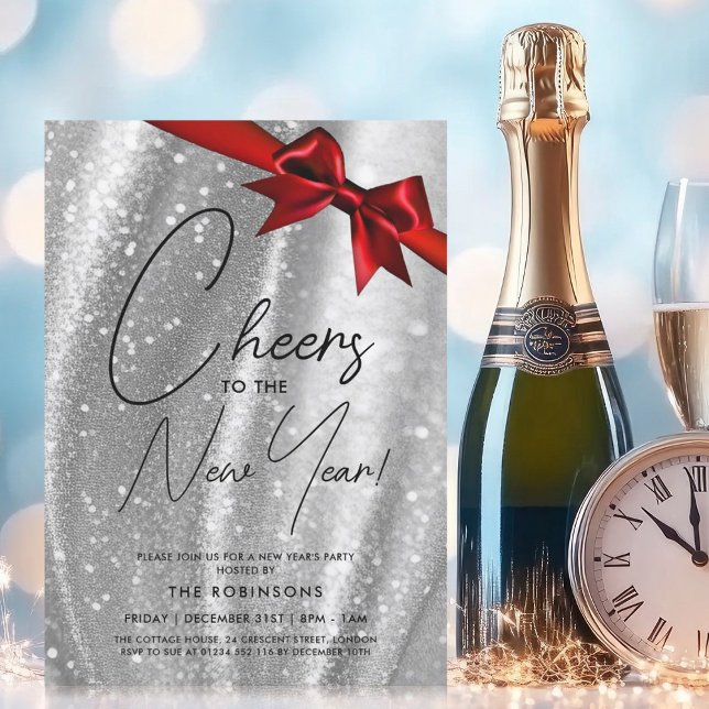 MODERN New Years Eve Silver Sparkle Sequin Red Bow Invitation (MODERN New Years Eve Silver Sparkle Sequin Red Bow Invitation)