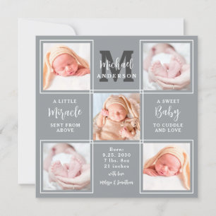 Modern Newborn Baby Personalised 5 Photo Birth Announcement