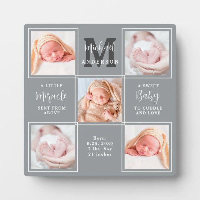 Modern Newborn Baby Personalised 5 Photo Collage Plaque (Front)