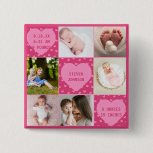 Modern Newborn Baby Personalised 6 Photo Collage 15 Cm Square Badge
