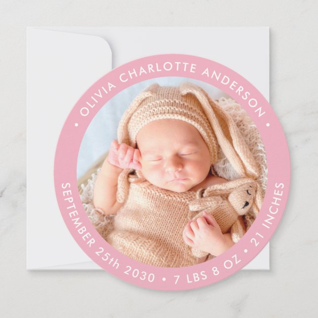 Modern Newborn Baby Personalised Photo Pink Birth Announcement (Front)