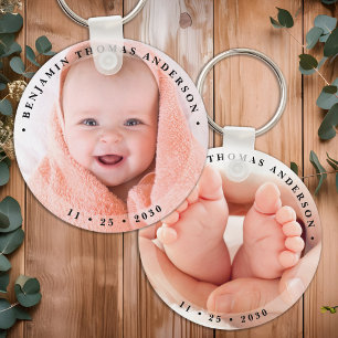 Modern Newborn Baby Personalised Simple Photo  Key Ring