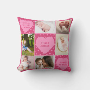 Modern Newborn Baby Personalized 6 Photo Collage  Cushion
