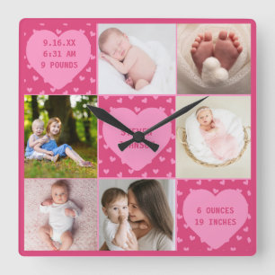 Modern Newborn Baby Personalized 6 Photo Collage  Square Wall Clock
