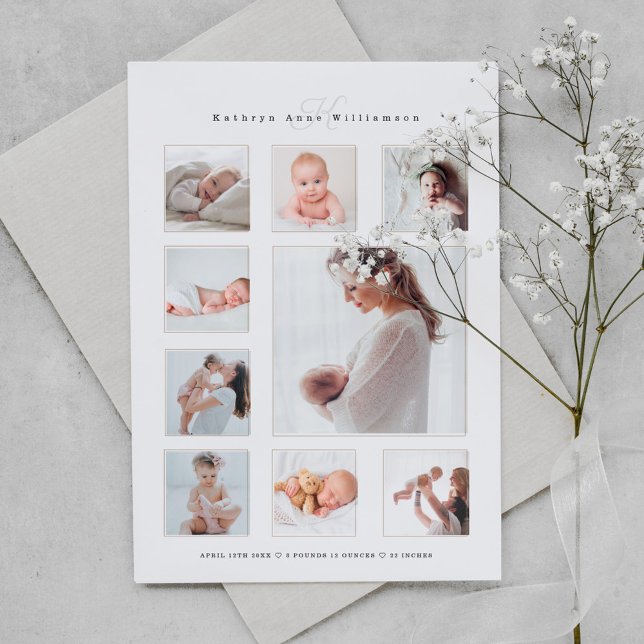 Modern Newborn Baby Photo Collage & Monogram Birth Magnetic Invitation (Creator Uploaded)