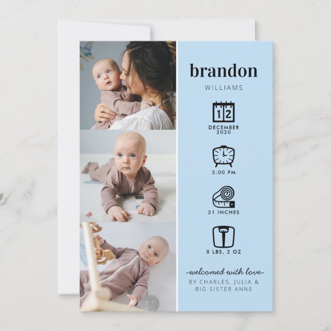 Modern Newborn Baby Photo Collage Stats Blue Birth Announcement (Front)