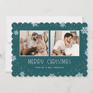 Modern Newlywed 2 Photo Snowflake Merry Christmas Holiday Card