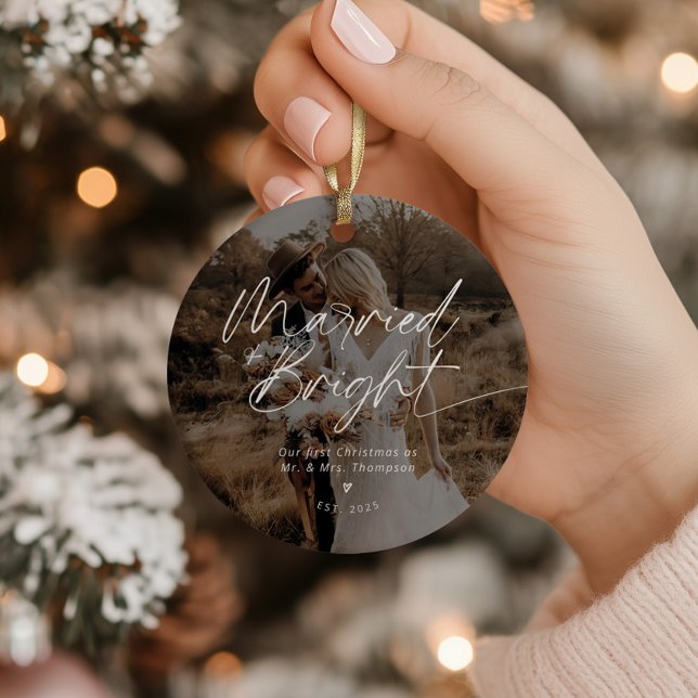 Modern Newlywed Married First Christmas Photo Ceramic Ornament (Creator Uploaded)