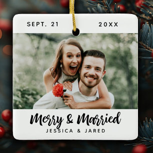 Modern Newlywed Merry and Married Photo Christmas Ceramic Ornament