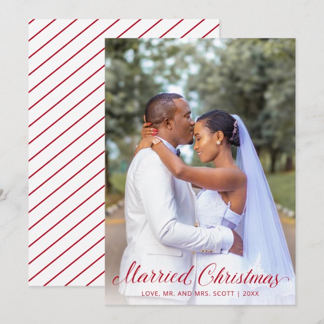 Modern Newlywed Photo Red Script Elegant Christmas Holiday Card (Front/Back)