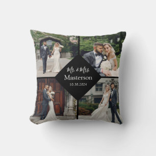 Modern Newlywed Wedding Photos Collage Cushion