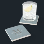 Modern Newlyweds Established Dusty Blue Monogram Stone Coaster<br><div class="desc">Give a perfect keepsake with this Modern Newlyweds Established Dusty Blue Monogram Stone Coaster. It is a modern customisable design in dusty blue, white and light grey. Bride and groom's first names are on the centre in modern white handwriting script lettering and initial of new last name is in grey....</div>