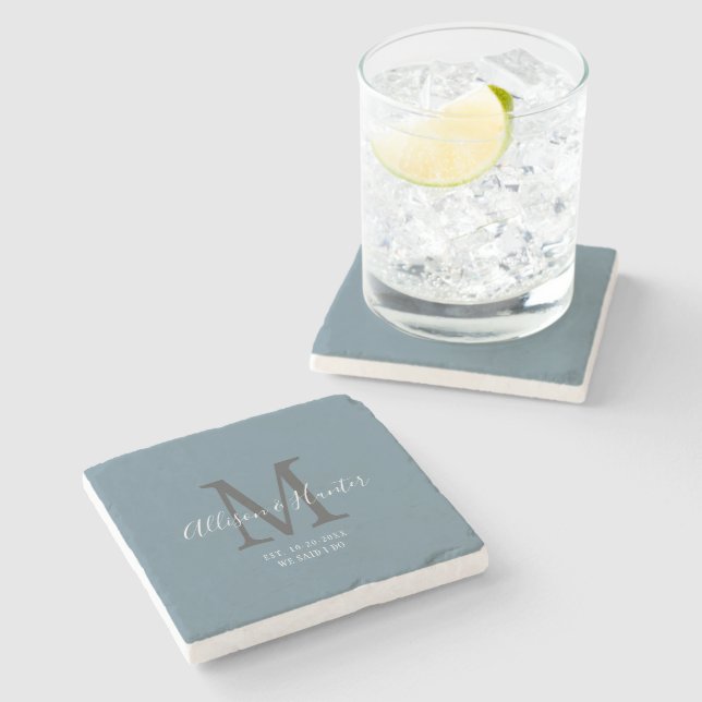 Modern Newlyweds Established Dusty Blue Monogram Stone Coaster (Side)